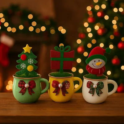 Três canecas de cerâmica verde, amarela e creme com laço xadrez, enfeitadas com árvore, presente e boneco de neve de feltro