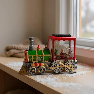 Locomotiva decorativa verde e vermelha com rodas prateadas e cabine transparente com Papai Noel, árvore e brilhos
