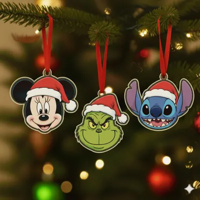 Três enfeites recortados com rostos de Minnie, Grinch e Stitch de gorro de Papai Noel pendurados por fita vermelha