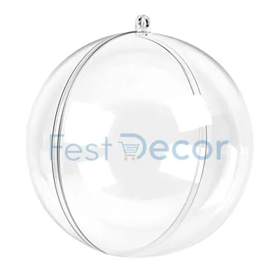 Esfera de acrílico transparente formada por duas metades encaixadas, com argolinha no topo para pendurar
