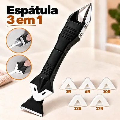 Espátula preta com lâmina metálica pontuda, raspador largo com bico branco e cinco bicos triangulares numerados