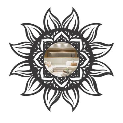 Mandala em forma de sol recortada em MDF preto, com pétalas vazadas e espelho redondo no centro