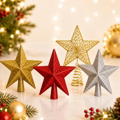 Quatro estrelas de topo de árvore de Natal: dourada, vermelha e prateada com glitter, e uma dourada vazada com base em mola
