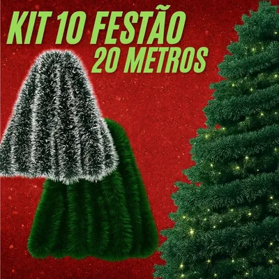 Dois montes de festão de Natal, um verde-escuro com pontas brancas e outro verde liso, ao lado de árvore iluminada