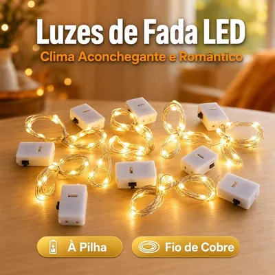 Vários cordões de fio de fada com LEDs de luz quente enrolados, cada um com uma caixinha branca de pilha, sobre mesa