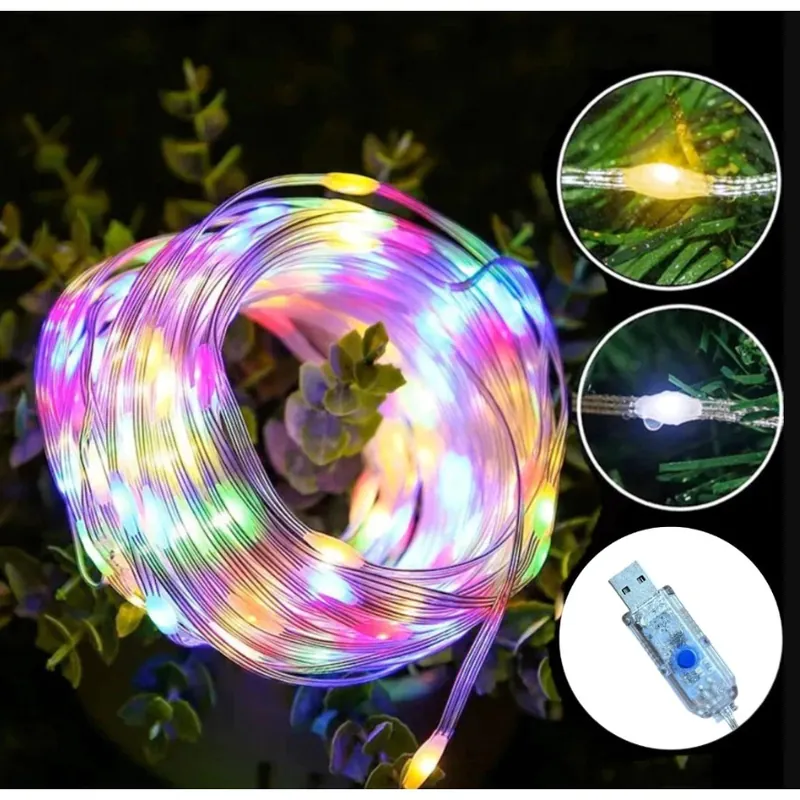 Rolo de fio de LED transparente aceso em várias cores, com detalhes de lâmpada amarela, lâmpada branca e plugue USB