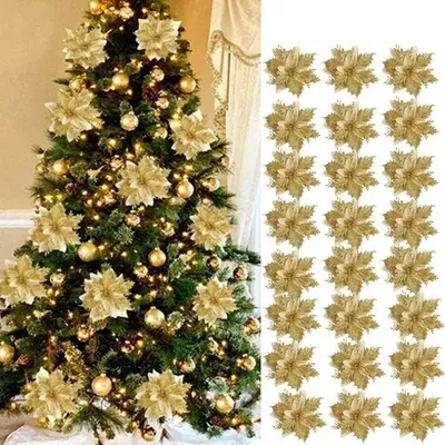 Árvore de Natal enfeitada com flores douradas e bolas, ao lado de 24 flores de bico-de-papagaio douradas com glitter