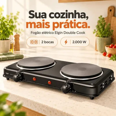Fogão elétrico preto de duas bocas com chapas cinza, aros cromados, dois botões giratórios e luzes vermelhas na bancada