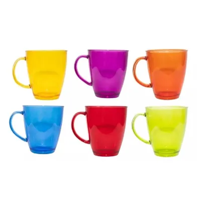 Seis canecas de vidro translúcido amarela, roxa, laranja, azul, vermelha e verde-limão, com alça da mesma cor