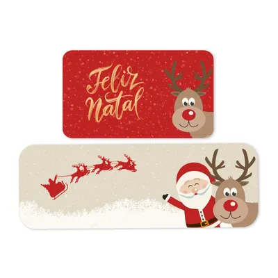 Dois tapetes de Natal: vermelho com Feliz Natal dourado e rena, e comprido bege com trenó, Papai Noel e rena