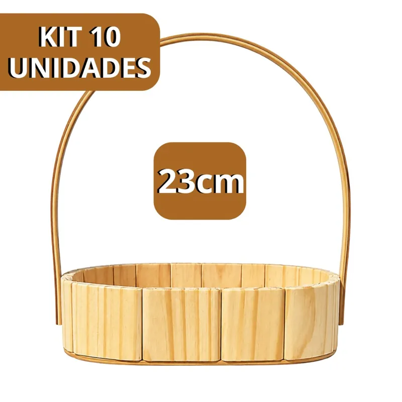 Cesta oval baixa de ripas de madeira clara com alça alta em arco, sobre fundo branco, com selo de kit 10 unidades