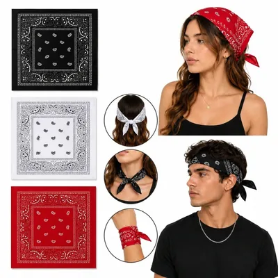 Três bandanas paisley preta, branca e vermelha e modelos usando como lenço de cabeça, faixa, no pescoço e no pulso