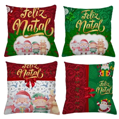 Quatro almofadas quadradas vermelhas e verdes com Feliz Natal dourado, Papai Noel, duende, rena e urso polar