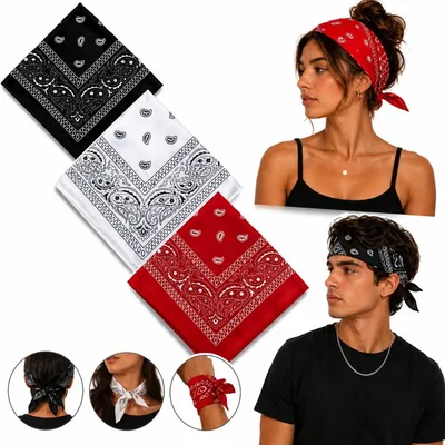 Três bandanas paisley preta, branca e vermelha dobradas e modelos usando na cabeça, no pescoço, no pulso e no cabelo