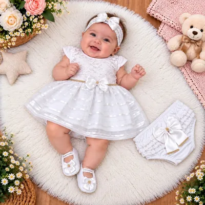 Bebê deitada num tapete branco usando vestido branco rendado, faixa com laço e sapatinhos, ao lado da calcinha de babados