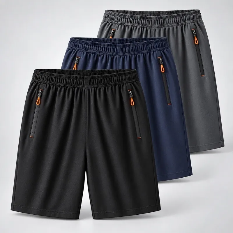 Três bermudas masculinas em preto, azul-marinho e cinza com cós elástico e bolsos laterais de zíper com puxador laranja