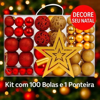 Caixa transparente com alça cheia de bolas de Natal vermelhas e douradas de vários tamanhos e uma ponteira de estrela dourada