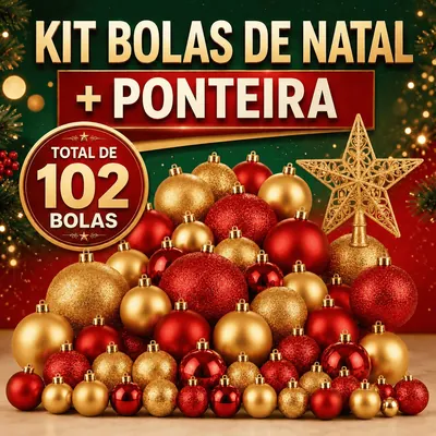 Pilha de bolas de Natal vermelhas e douradas de vários tamanhos e texturas, com estrela dourada rendada de ponteira