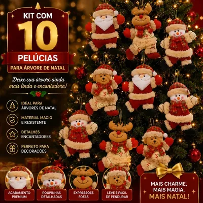 Bonecos de pelúcia de Papai Noel, rena, boneco de neve e ursinho com roupas vermelhas e xadrez pendurados na árvore de Natal