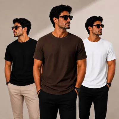 Três homens de óculos escuros vestindo camisetas caneladas de manga curta nas cores preta, marrom e branca