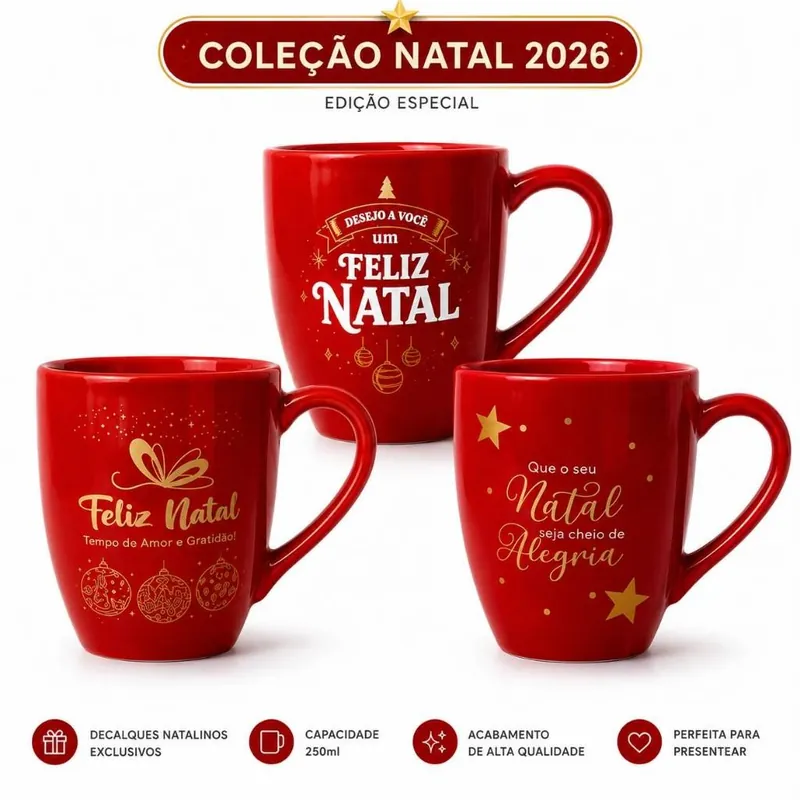 Três canecas vermelhas brilhantes com frases de Feliz Natal em dourado e branco, estrelas e bolas de Natal desenhadas