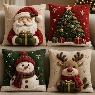 Quatro capas de almofada natalinas com Papai Noel, árvore, boneco de neve e rena sobre um sofá bege