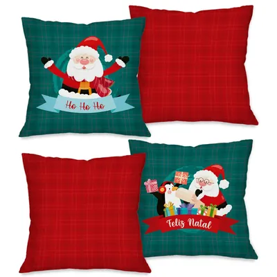 Quatro capas de almofada de Natal: duas xadrez verde com Papai Noel e faixas Ho Ho Ho e Feliz Natal, duas xadrez vermelho