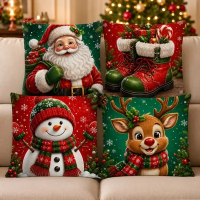 Quatro capas de almofada natalinas com Papai Noel, botas, boneco de neve e rena sobre sofá bege, árvore iluminada ao fundo