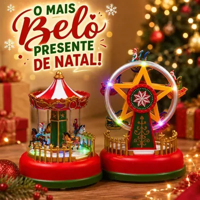 Carrossel de tenda listrada com cavalinhos e roda-gigante de estrela amarela com trenós, ambos em base vermelha