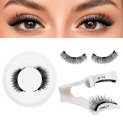 Olhos castanhos com cílios volumosos, estojo redondo branco com cílios postiços e aplicador marcado UP e DOWN