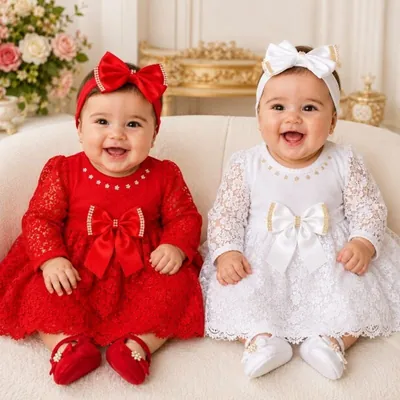 Duas bebês sentadas num sofá, uma de vestido vermelho e outra de branco, ambos de renda, com laço na cabeça e sapatinho