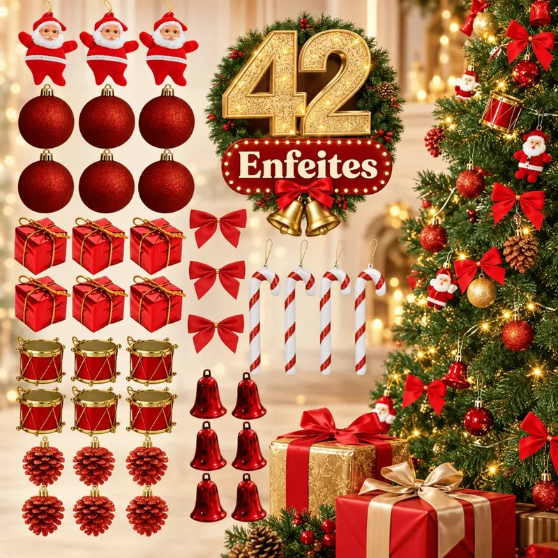 Enfeites de Natal vermelhos: Papais Noéis, bolas, caixinhas, tambores, pinhas, laços, bengalas e sinos ao lado de uma árvore