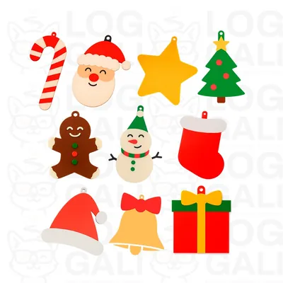 Dez enfeites de Natal planos e coloridos, entre eles Papai Noel, boneco de neve, bota, sino, estrela e presente