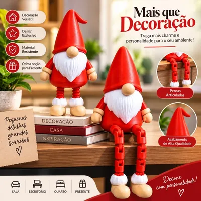 Dois gnomos de gorro vermelho e barba branca, um de pé sobre livros e outro sentado na beira da mesa com pernas articuladas