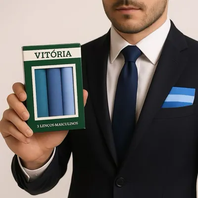 Homem de terno azul-marinho segura caixa verde com três lenços azuis; outro lenço dobrado no bolso do paletó