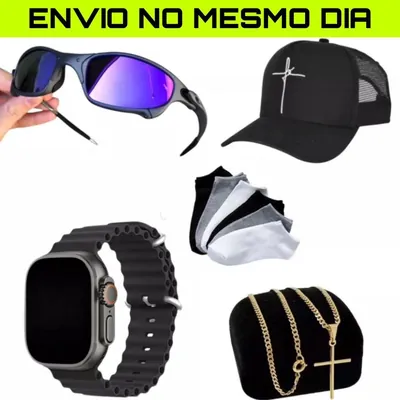 Óculos de lente espelhada azul, boné preto com cruz bordada, meias, relógio de pulseira preta e corrente dourada com cruz