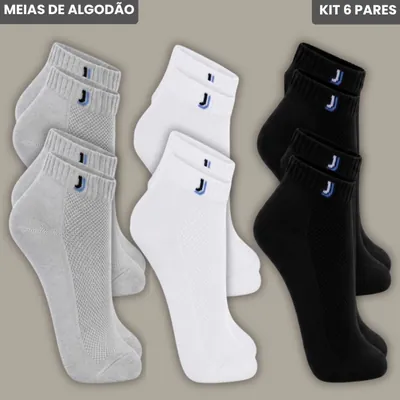 Seis pares de meias soquete em cinza, branco e preto, com punho canelado e pequeno bordado azul em forma de J