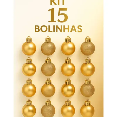 Grade de pequenas bolas de Natal douradas com acabamentos liso, fosco e glitter sobre fundo creme
