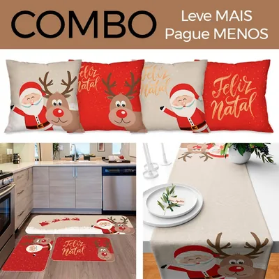 Quatro capas de almofada com Papai Noel e rena, três tapetes de cozinha e trilho de mesa bege com estampa natalina