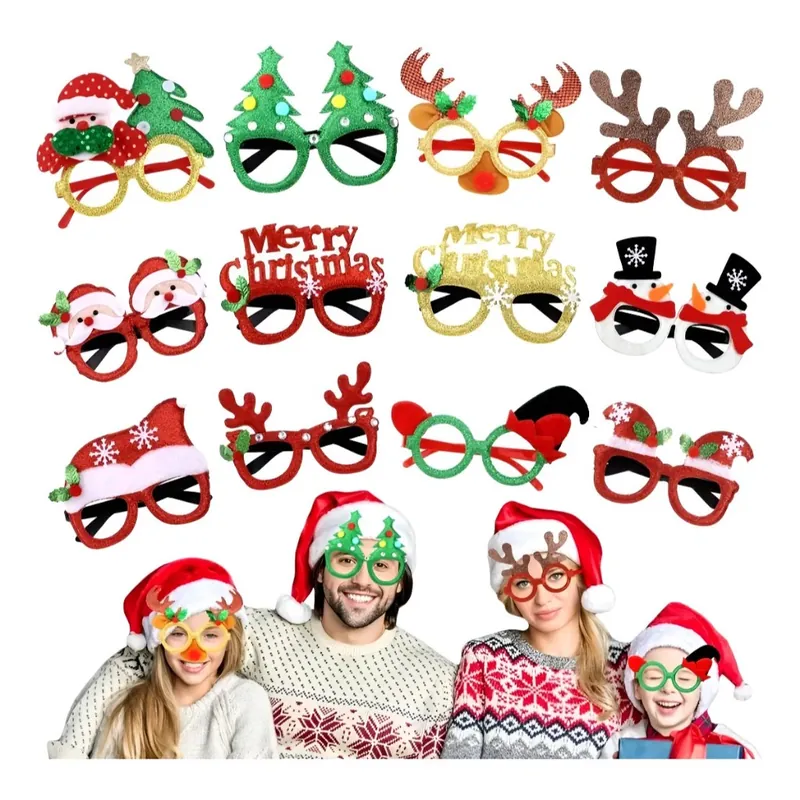 Doze armações de óculos natalinas com glitter, renas, Papai Noel e bonecos de neve; abaixo, família de gorro usando os óculos