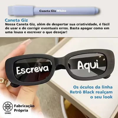 Óculos retrô preto de armação retangular com as palavras Escreva e Aqui escritas a giz nas lentes, e caneta giz branca