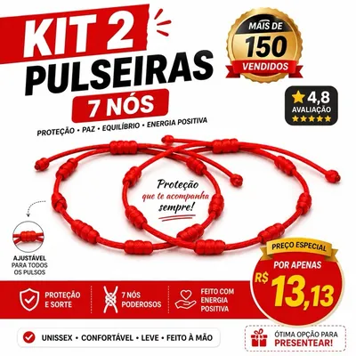 Duas pulseiras de cordão vermelho com sete nós cada e fecho ajustável de correr, sobre fundo branco