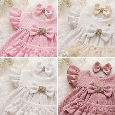 Quatro versões do vestido de bebê em rosa, creme, branco e rosé, com laço de fivela, calcinha de babados e laço de cabelo