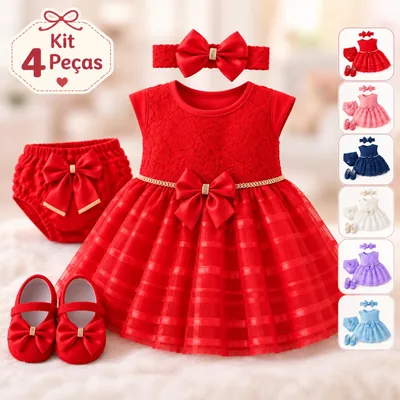 Kit de bebê vermelho: vestido de renda e tule com laço, calcinha de babados, faixa de cabelo com laço e sapatinhos