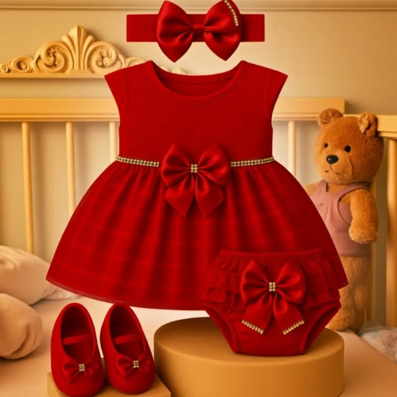 Vestido vermelho de bebê com laço e cinto de pedrinhas, faixa de cabelo, calcinha de babados e sapatinhos vermelhos