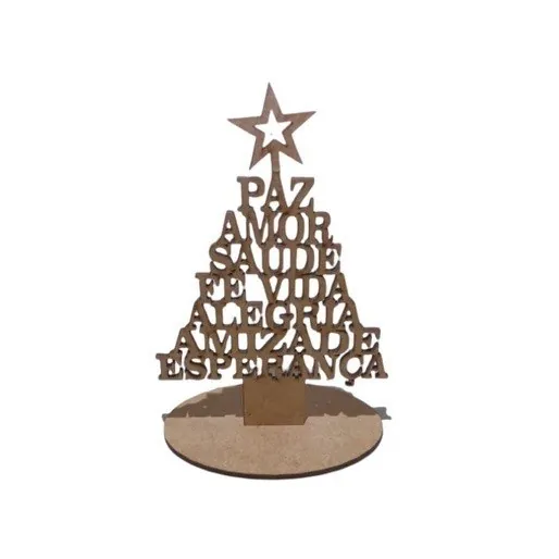 Árvore de Natal de MDF cru formada pelos dizeres paz, amor, saúde, fé, vida, alegria, amizade e esperança, com base redonda