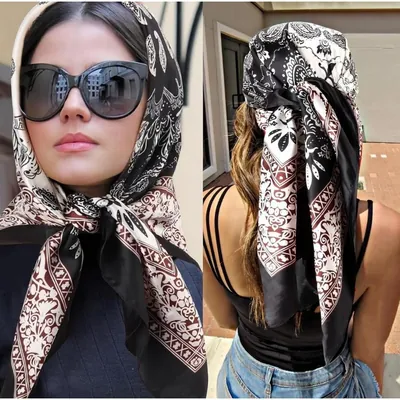Mulher com lenço de cetim estampado em preto, creme e marrom amarrado na cabeça e óculos escuros, e vista de costas