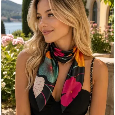 Mulher loira com lenço estampado de flores pink, laranja e verde-água em fundo preto amarrado no pescoço