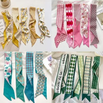 Lenços finos em formato de fita com estampas florais, xadrez e pied-de-poule em amarelo, rosa, turquesa e verde