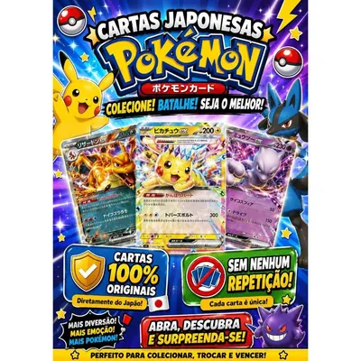 Arte de anúncio com Pikachu, Lucario e Gengar e três cartas japonesas: Charizard ex, Pikachu ex e Mewtwo ex